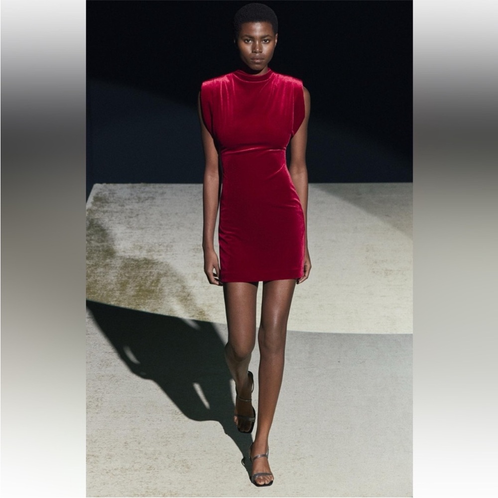 NWT Zara Crimson Velvet High-Neck Mini Dress